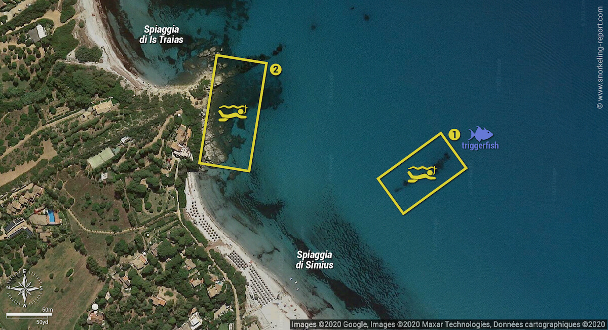 Simius Beach snorkeling map, Sardinia