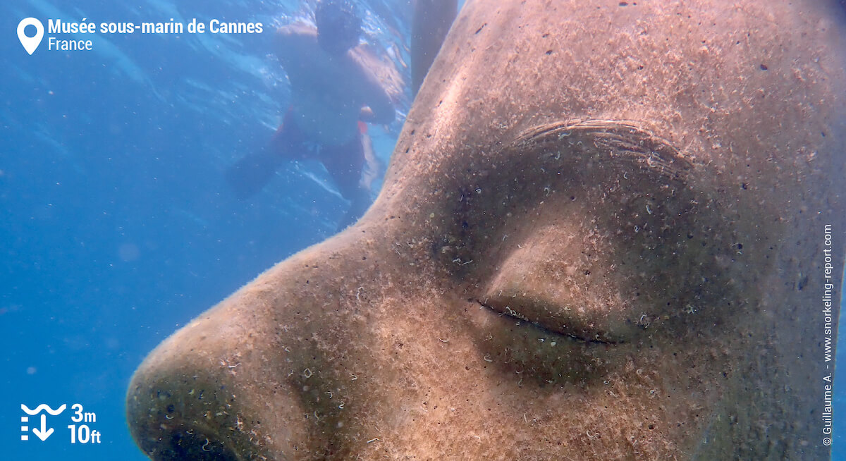 Un snorkeleur observe une statue sous-marine depuis la surface