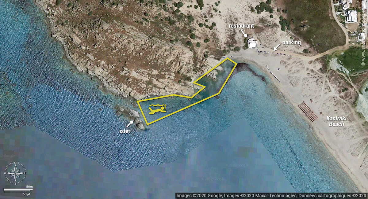 Mikri Vigla snorkeling map, Naxos