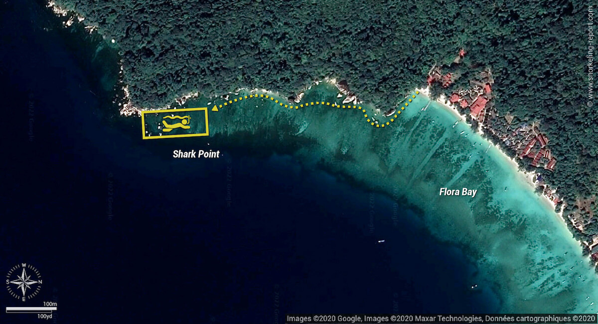 Shark Point Flora Bay snorkeling map, Perhentian Islands