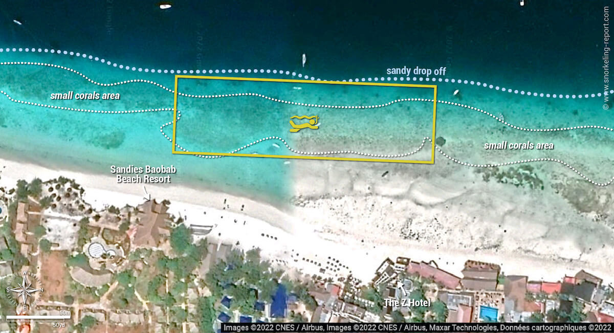 Nungwi Beach snorkeling map, Zanzibar