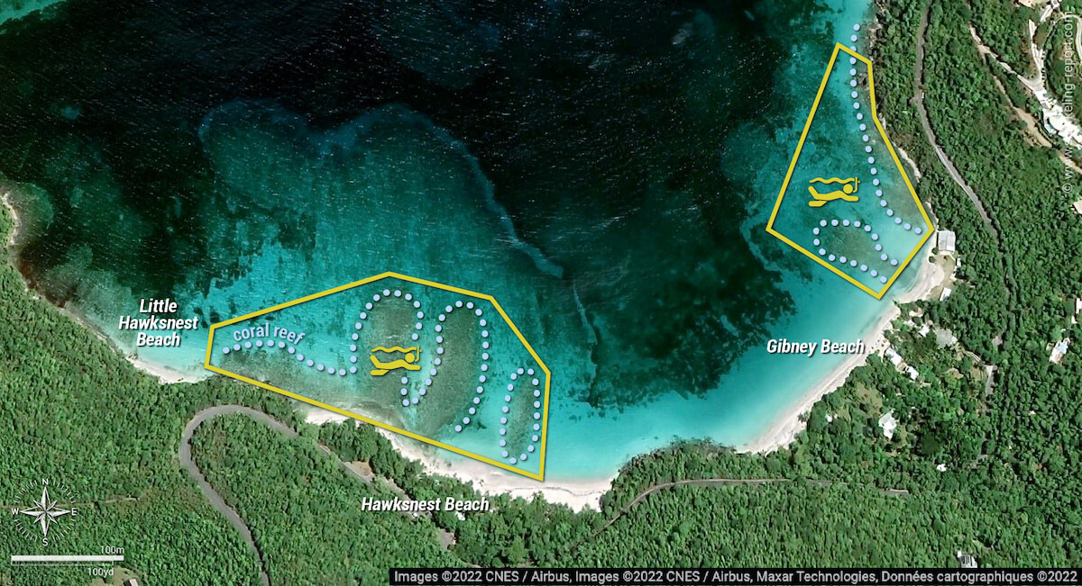 Hawksnest Beach snorkeling map, St John USVI