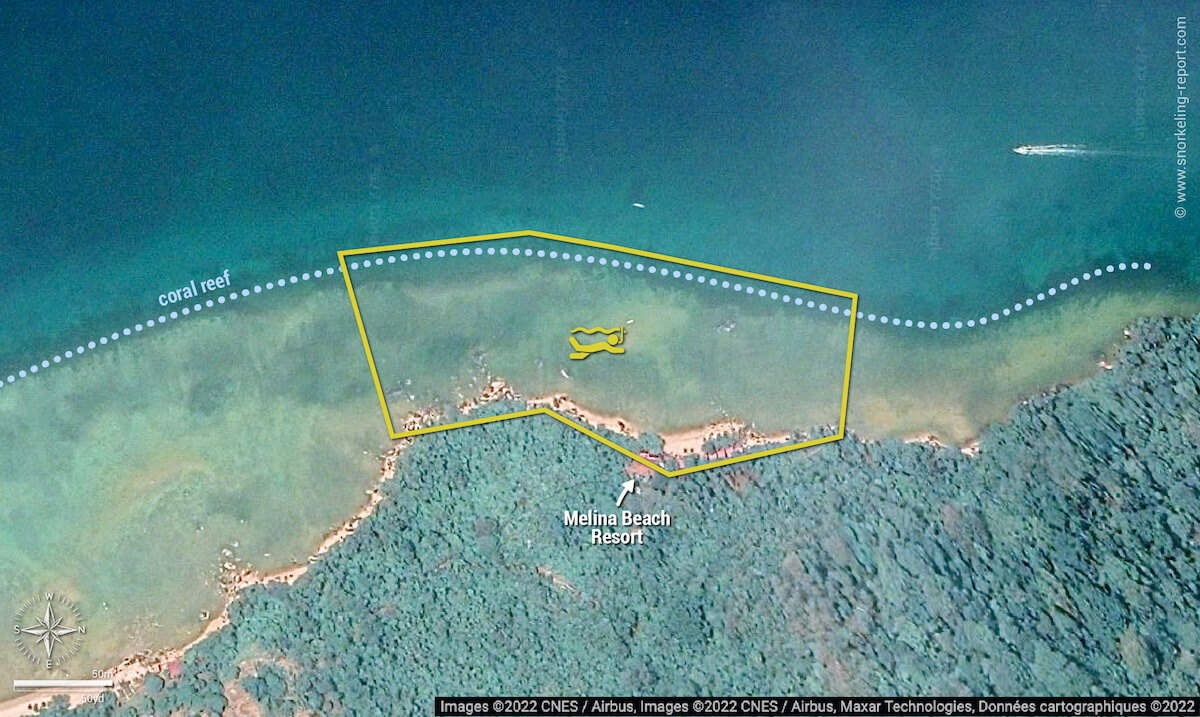 Melina Beach snorkeling map, Tioman