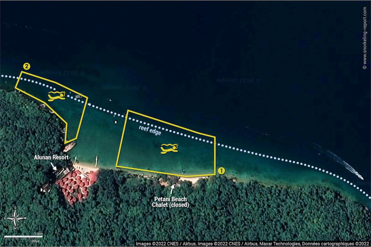 Petani Beach snorkeling map, Perhentian Kecil.