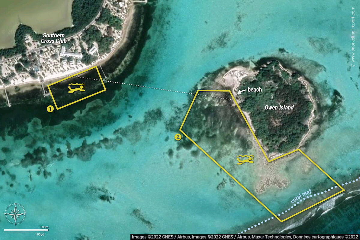 Southern Cross Club & Owen Island snorkeling map, Little Cayman