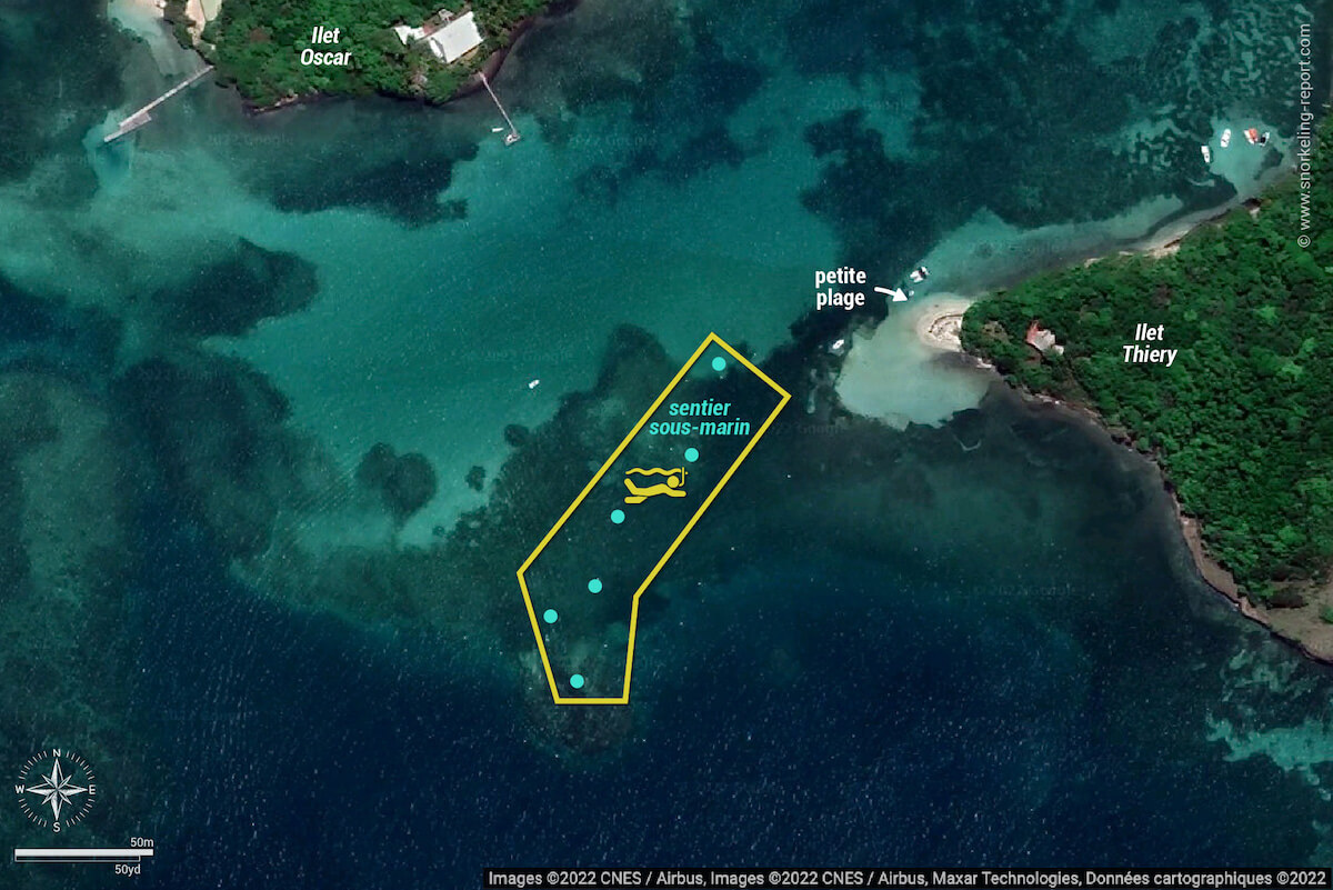 Carte snorkeling sentier sous-marin de l'Îlet Thiery, Martinique