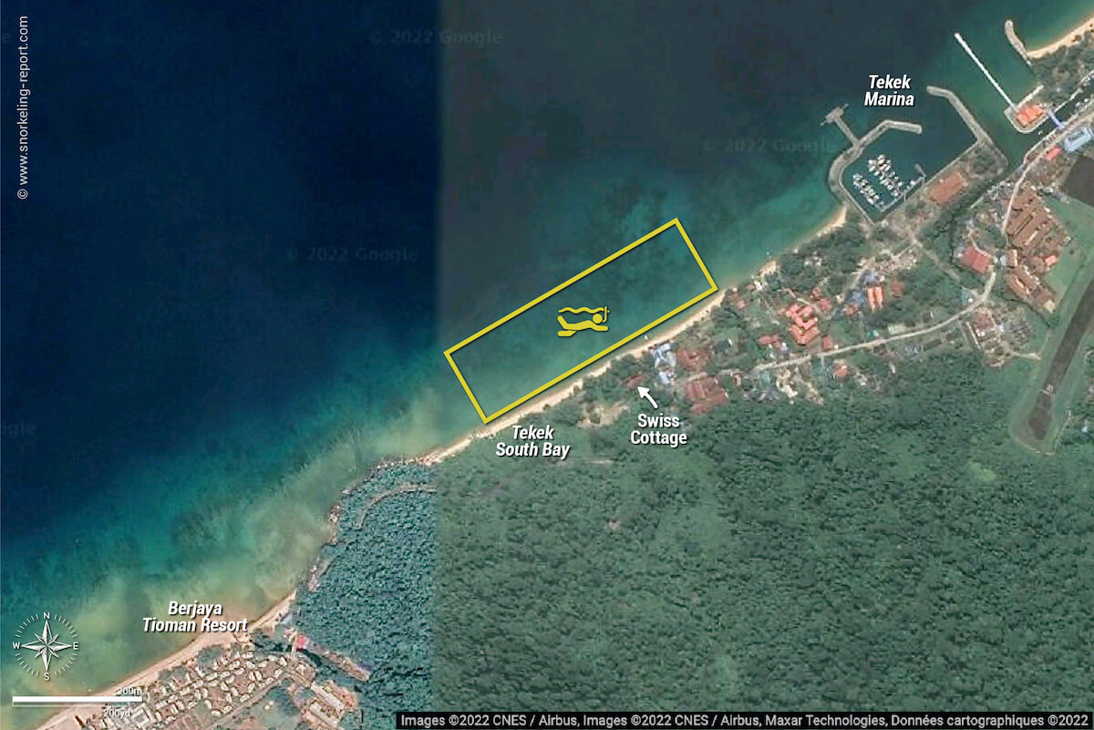 Tekek South Bay snorkeling map, Tioman