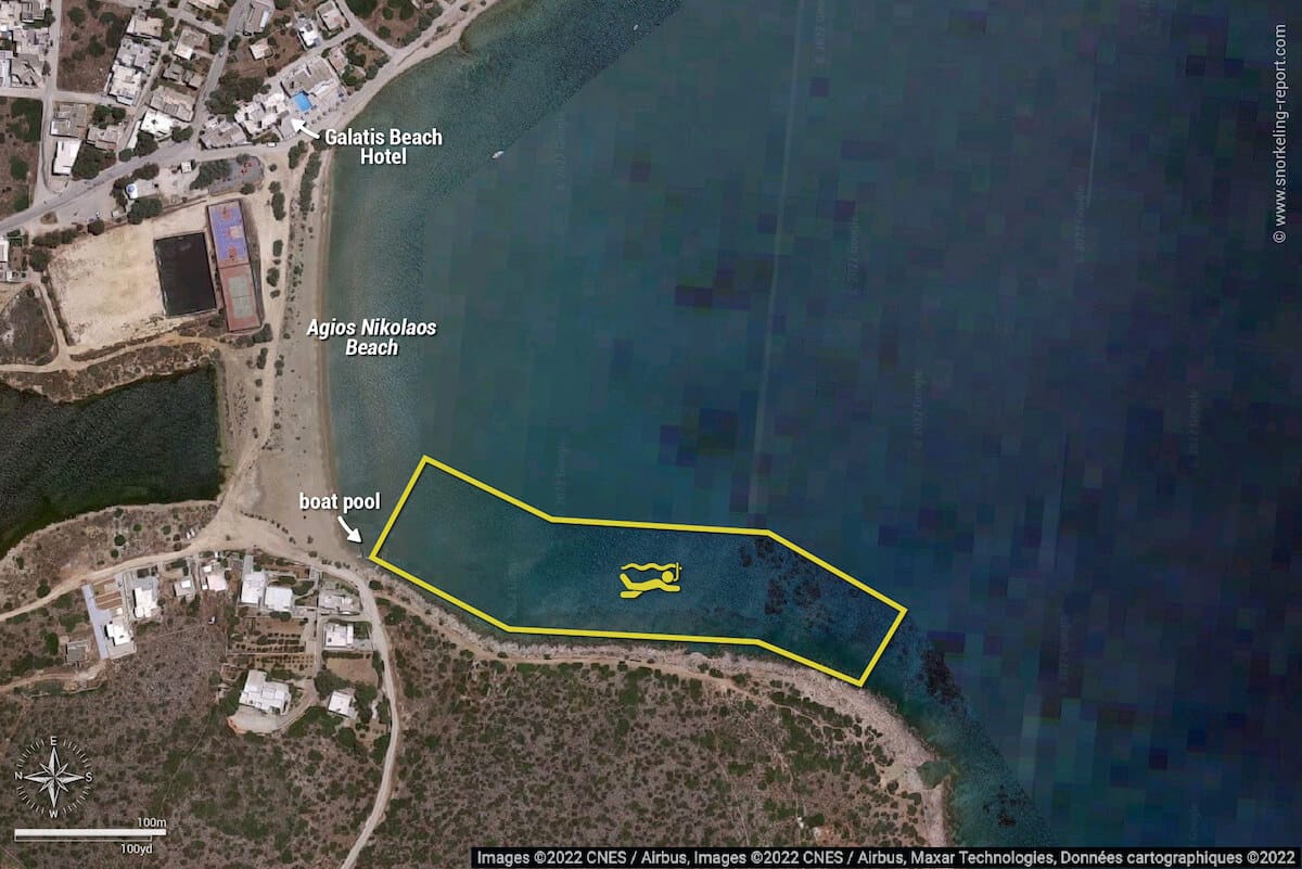 Agios Nikolaos Beach snorkeling map, Paros