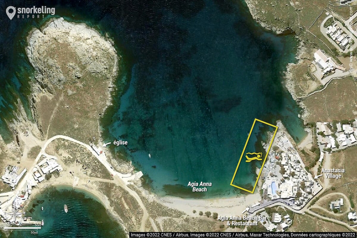 Carte snorkeling à la plage d'Agia Anna, Mykonos