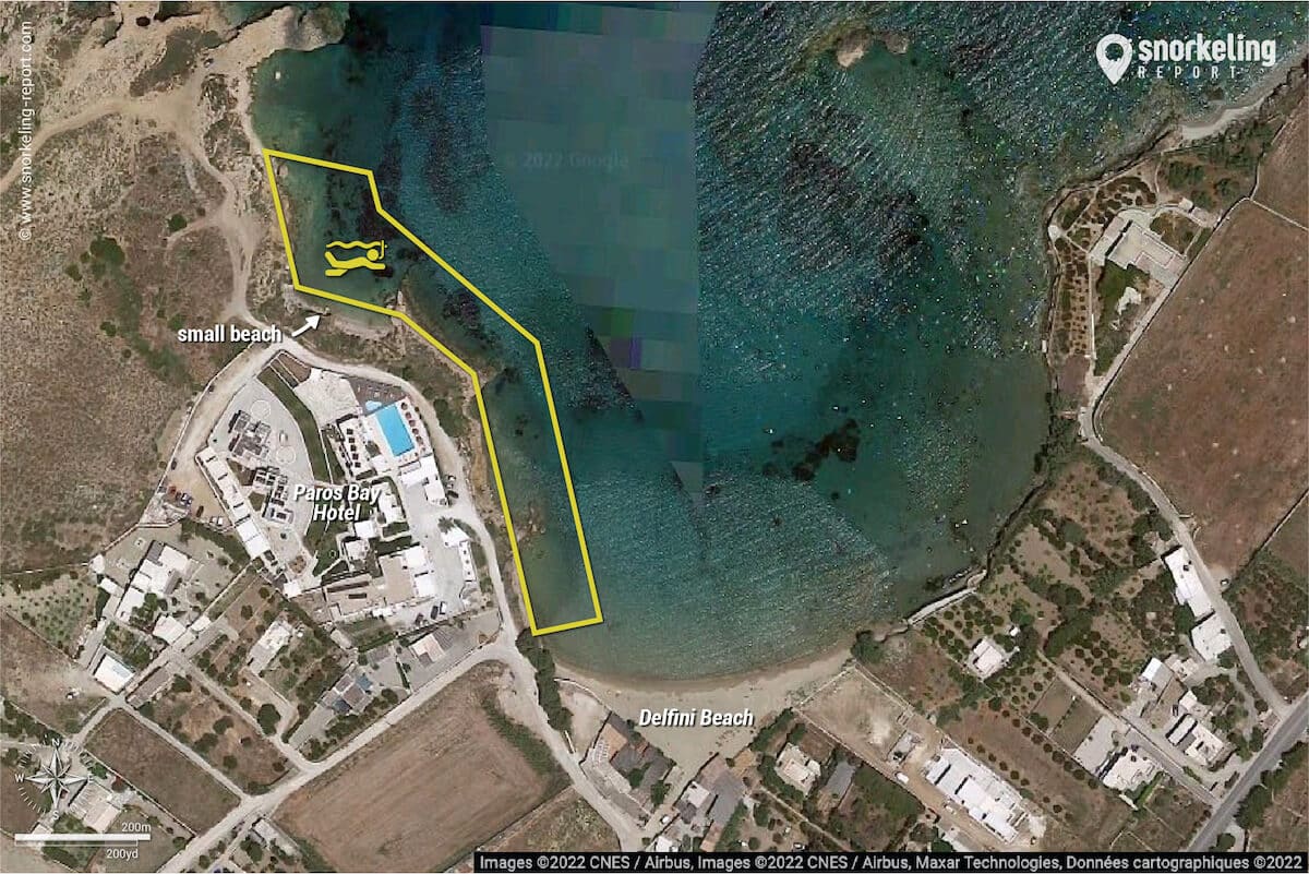 Delfini Beach snorkeling map, Paros