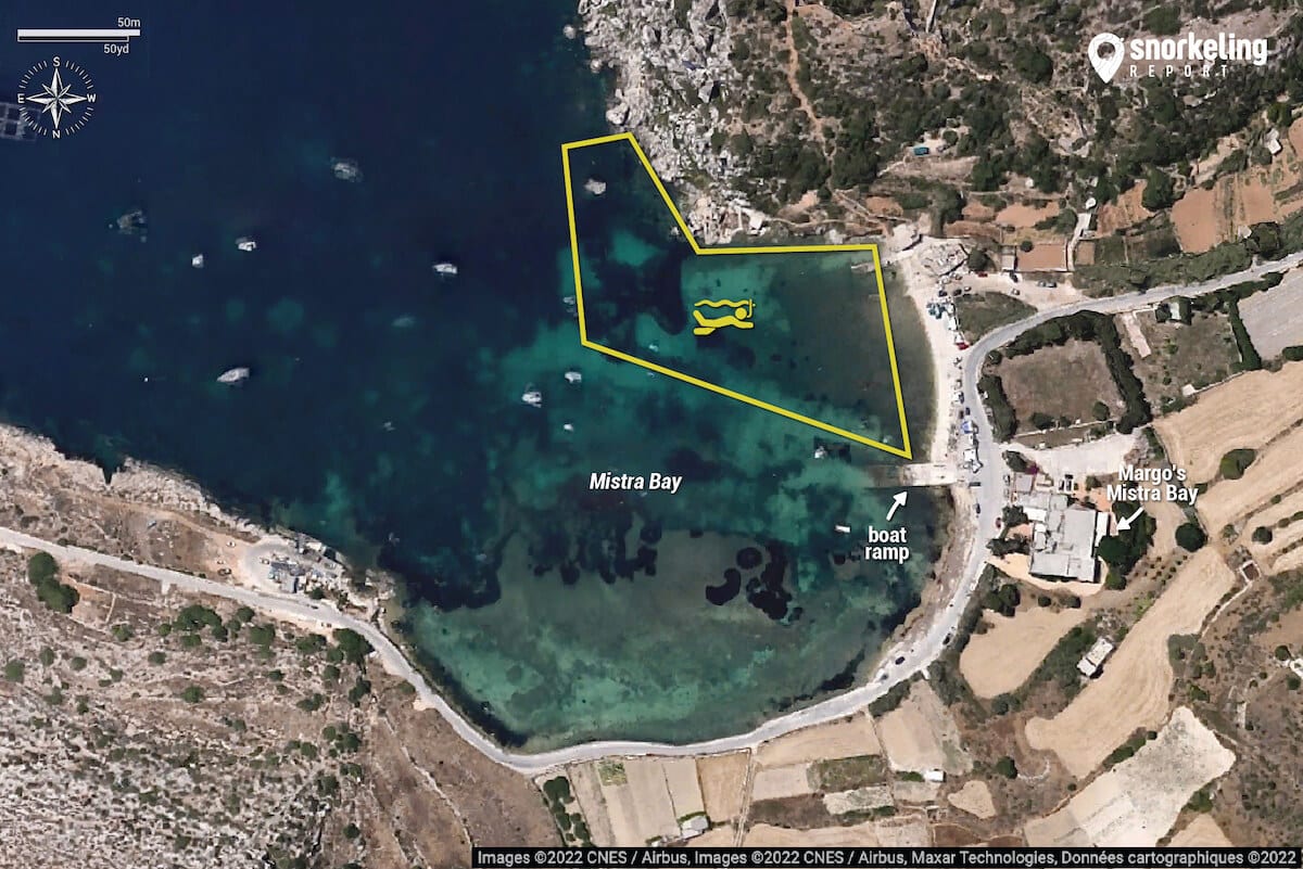 Mistra Bay snorkeling map, Malta