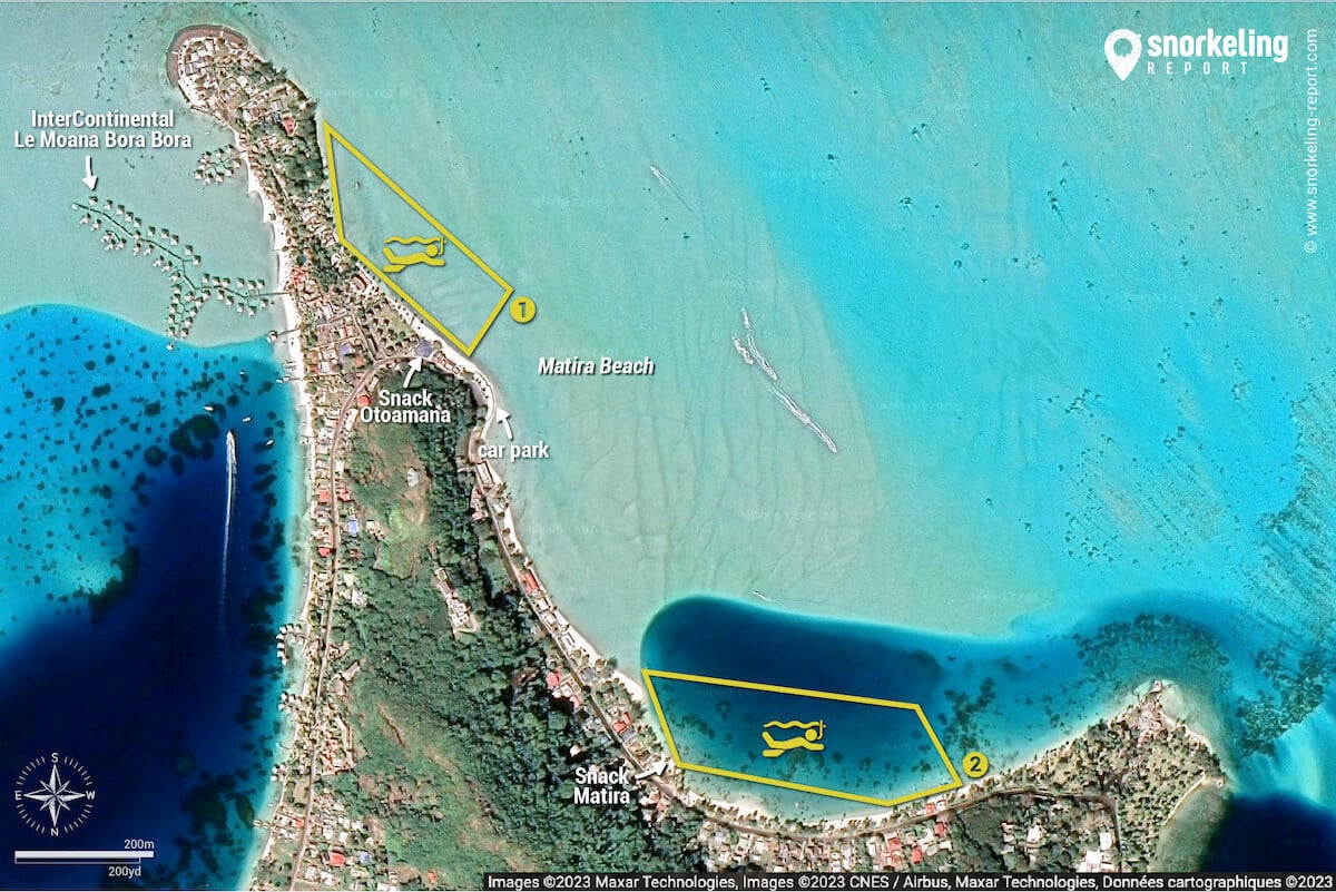 Matira Beach snorkeling map, Bora Bora