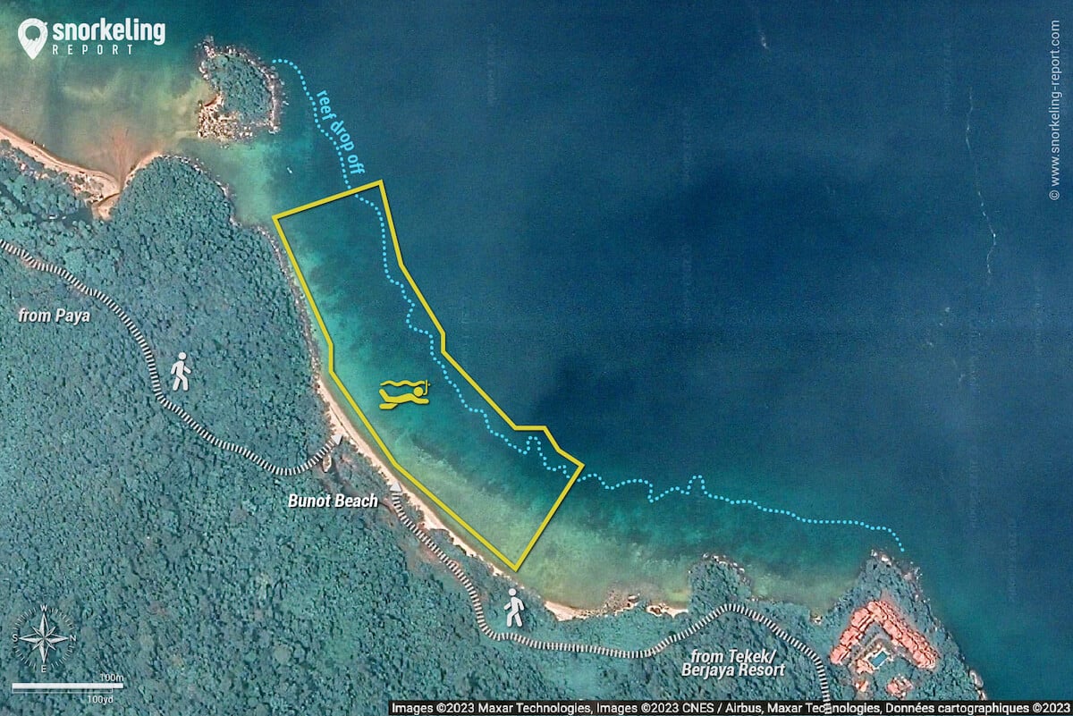 Bunot Beach snorkeling map, Tioman.