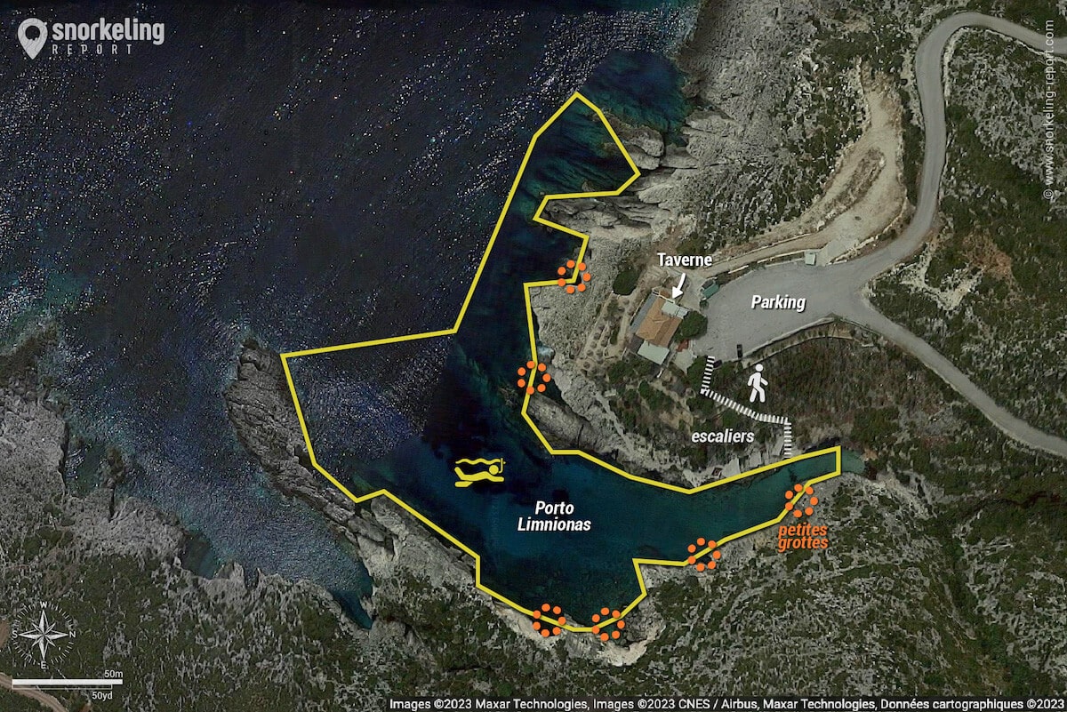 Carte snorkeling à Porto Limnionas.