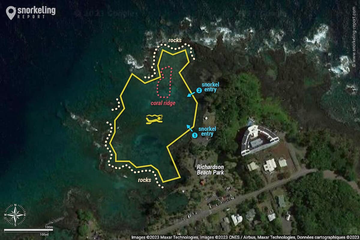 Richardson Beach Park snorkeling map, Hilo