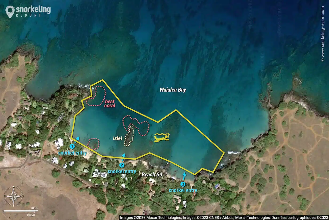 Waialea Beach (Beach 69) snorkeling map