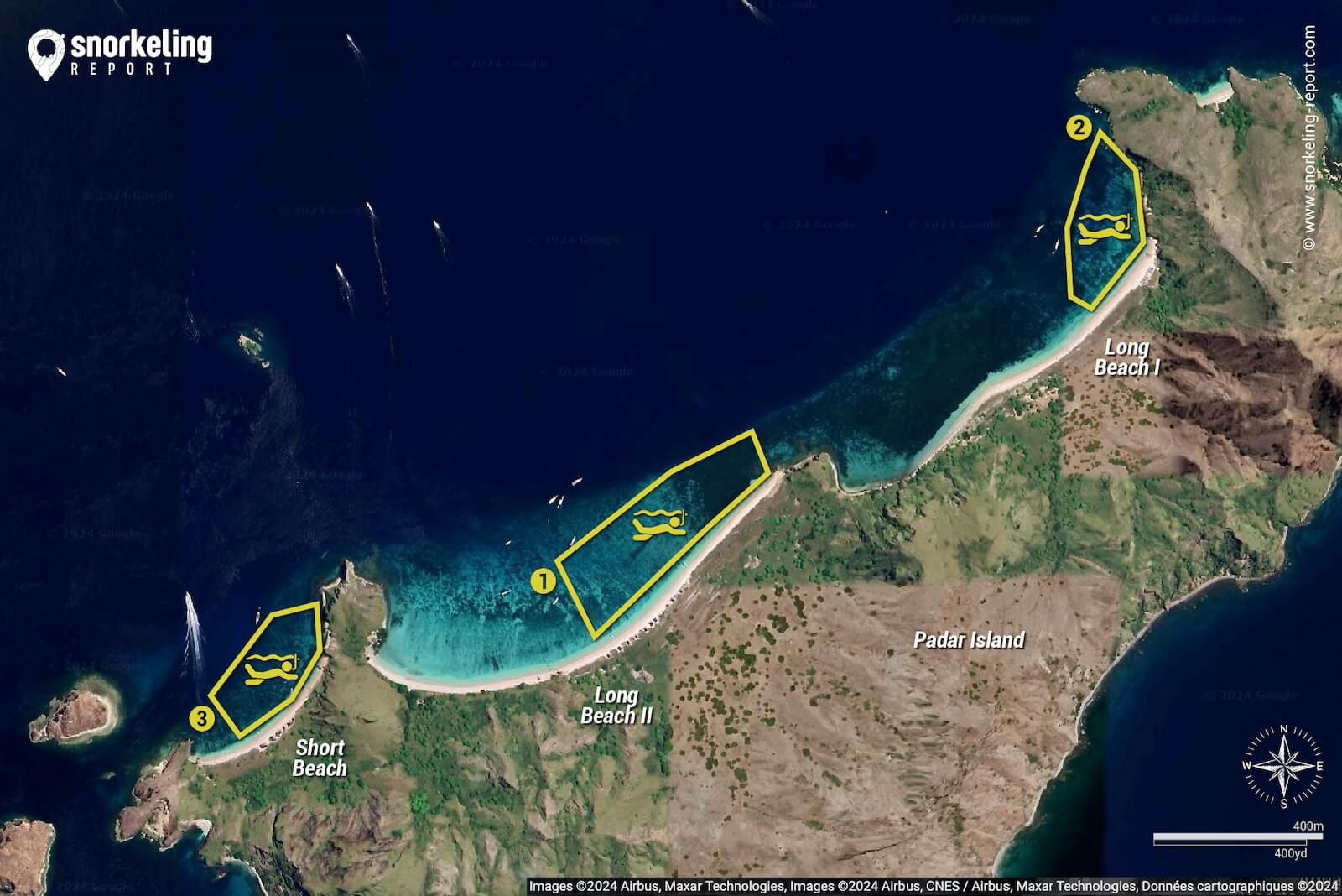 Pink Beach (Padar) snorkeling map.